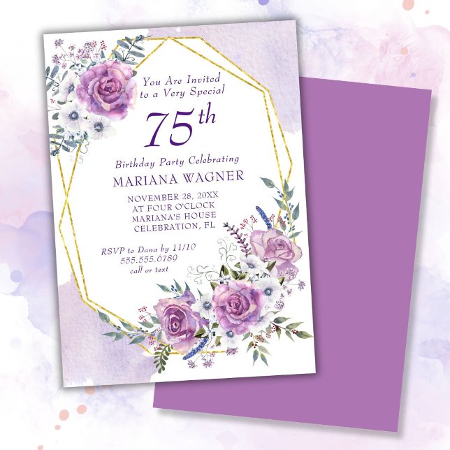 Invitation Elégante aquarelle violet florale 75e anniversaire (Créateur téléchargé)