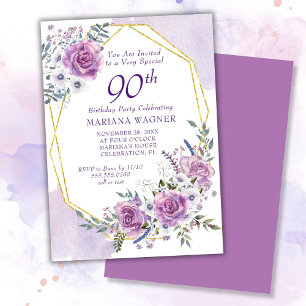 Invitation Elégante aquarelle violet florale 90e anniversaire
