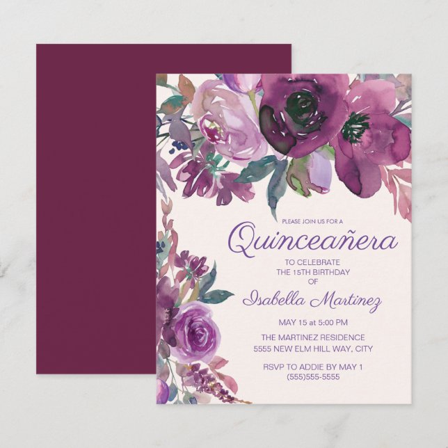 Invitation Elégante aquarelle violette Floral Quinceañera 15e (Devant / Derrière)