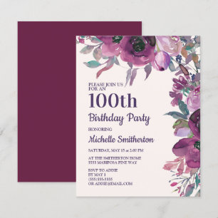 Invitation Elégante aquarelle violette florale 100e anniversa