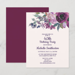 Invitation Elégante Aquarelle violette Florale 40e Anniversai