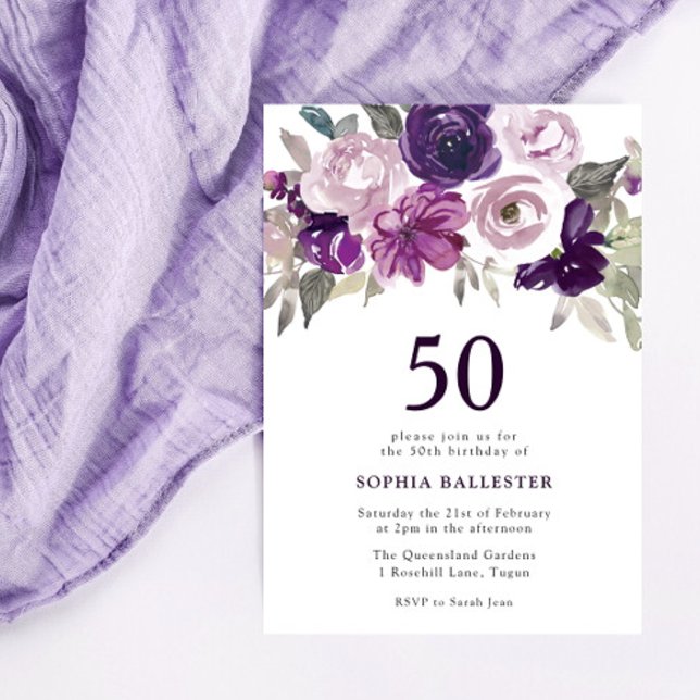 Invitation Elégante aquarelle violette Florale 50e anniversai (Créateur téléchargé)
