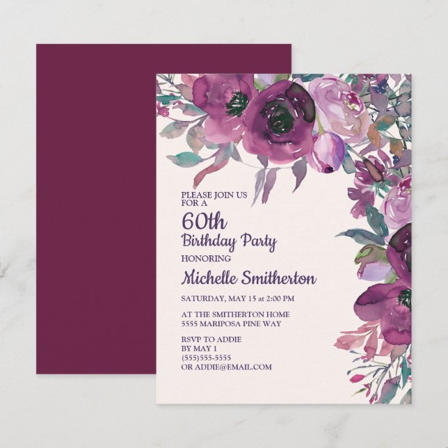 Invitation Elégante Aquarelle violette Florale 60e Anniversai (Devant / Derrière)