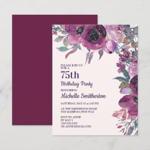 Invitation Elégante aquarelle violette Florale 75e anniversai