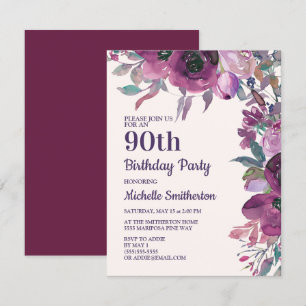 Invitation Elégante aquarelle violette Florale 90e anniversai