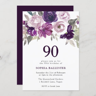 Invitation Elégante aquarelle violette Florale 90e anniversai