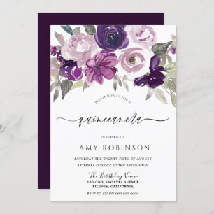 Invitation Elégante Aquarelle violette Florale Quinceanera Pa