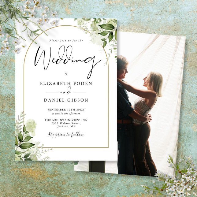 Invitation Élégante Arche de Mariage en Or avec Verdure Rusti (Rustic Greenery Elegant Gold Arch Photo Wedding Invitation)