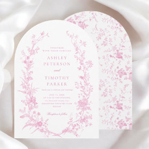 Invitation Elégante Arche Mariage Florale Toile Rose Français