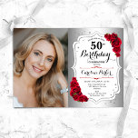 Invitation Elégante Argent Blanc Roses Rouges Photo 50e anniv<br><div class="desc">Elégante invitation au 50e anniversaire fleurie féminine avec votre photo. Design de glam avec faux argent. Comprend des roses rouges, des caractères de script et des confettis. Parfait pour une fête anniversaire adulte élégante. Personnalisez avec vos propres détails. Peut être customisé pour n'importe quel âge ! Invitations Zazzle imprimées ou...</div>