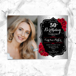 Invitation Elégante Argent Noir Roses Rouge Photo 50e anniver<br><div class="desc">Elégante invitation au 50e anniversaire fleurie féminine avec votre photo. Design de glam avec faux argent. Comprend des roses rouges, des caractères de script et des confettis. Parfait pour une fête anniversaire adulte élégante. Personnalisez avec vos propres détails. Peut être customisé pour n'importe quel âge ! Invitations Zazzle imprimées ou...</div>