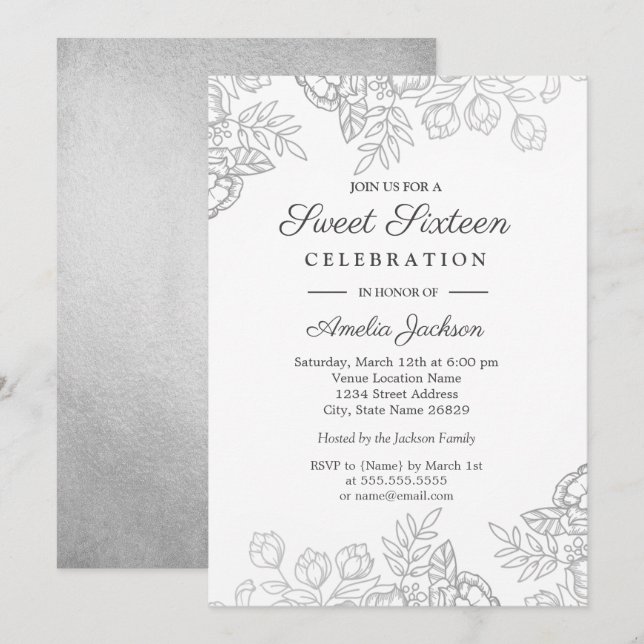 Invitation élégante argentée vintage florale pour  (Devant / Derrière)
