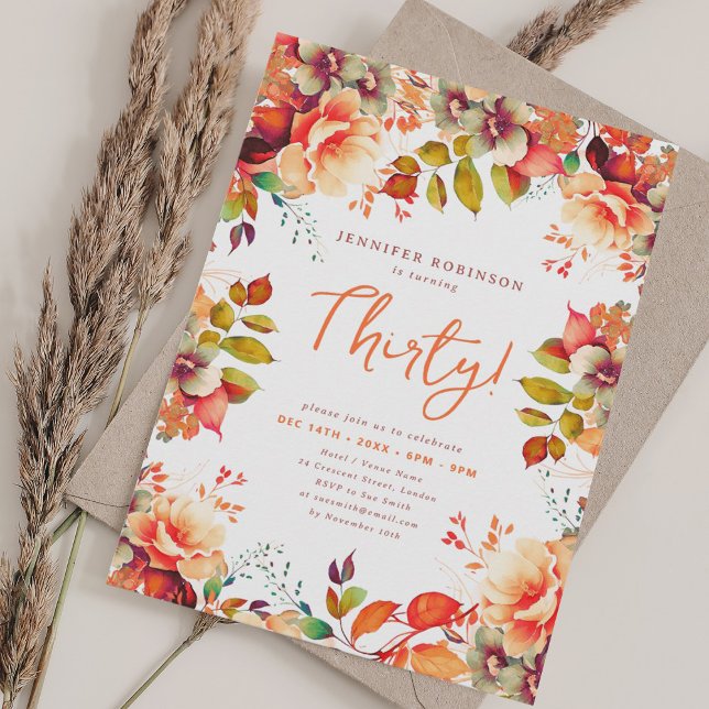Invitation Elégante Automne Aquarelle Automne Floral 30 Anniv (Elegant Fall Autumn Watercolor Floral 30 Birthday Invitation)