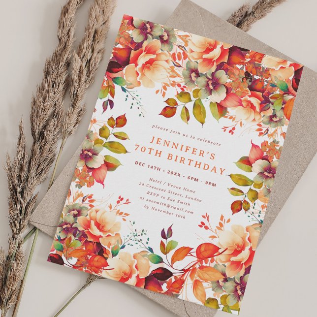 Invitation Elégante Automne Aquarelle Automne Floral 70 Anniv (Elegant Fall Autumn Watercolor Floral 70 Birthday Invitation)