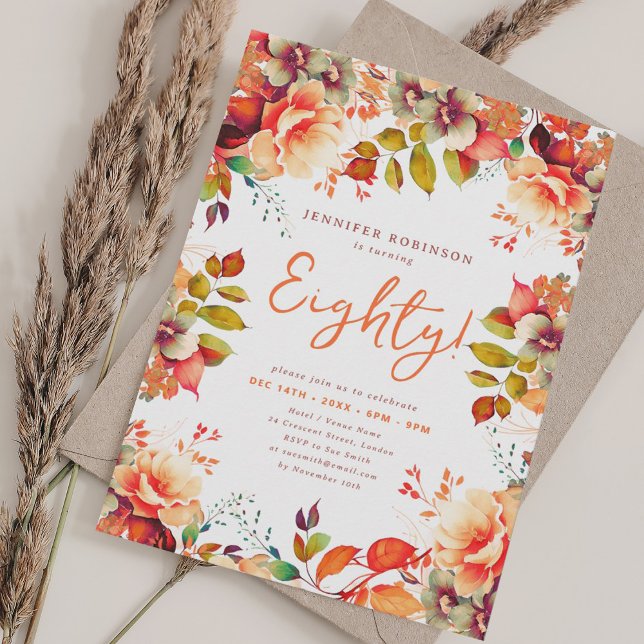 Invitation Elégante Automne Aquarelle Automne Floral 80 Anniv (Elegant Fall Autumn Watercolor Floral 80 Birthday Invitation)