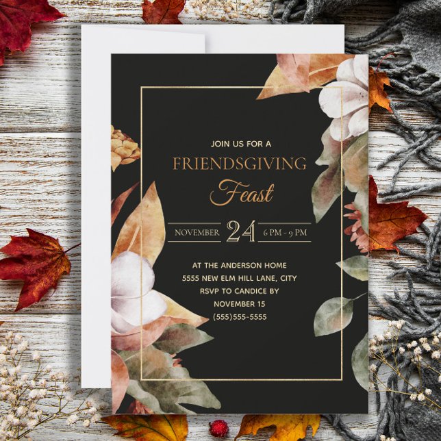 Invitation Élégante automne Feuilles Black Friendsgiving Fête (Elegant black Friendsgiving Feast invitation)