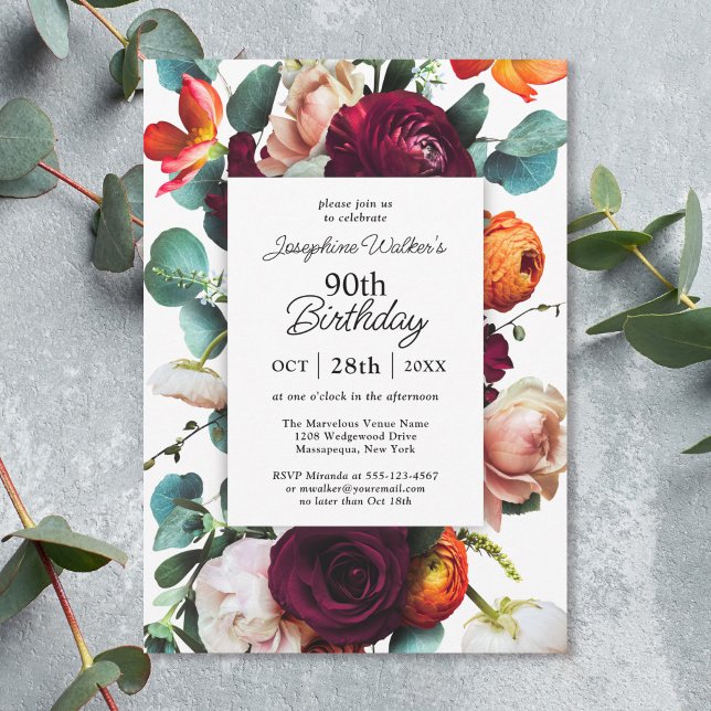 Invitation Elégante automne floral 90e anniversaire fête (Available in both printed and instant download digital formats.)