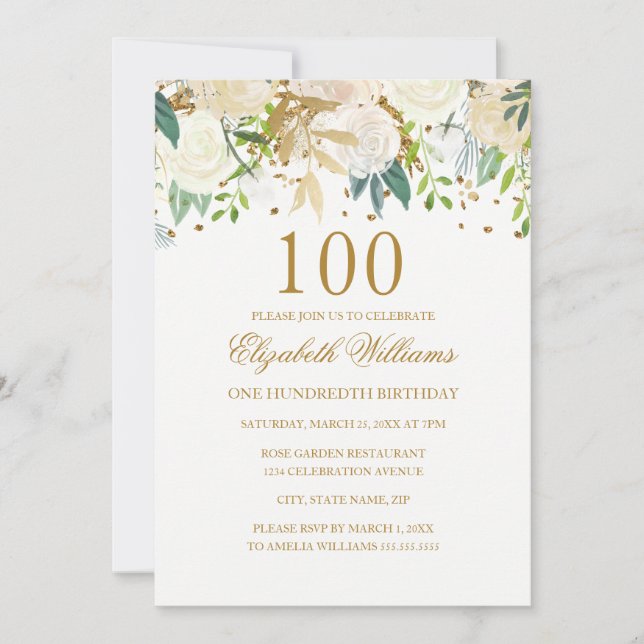 Invitation élégante avec fleurs dorées pour 100e a (Devant)