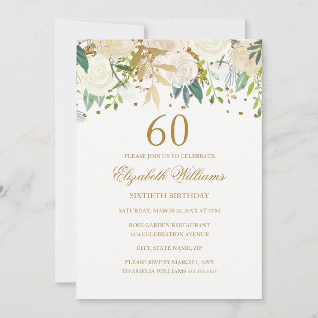Invitation élégante avec fleurs dorées pour 60e an (Devant)