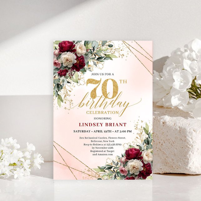 Invitation élégante avec fleurs dorées pour 70e an (blush and burgundy flowers roses,
burgundy blush 70TH birthday invitation,
boho watercolor deep red )