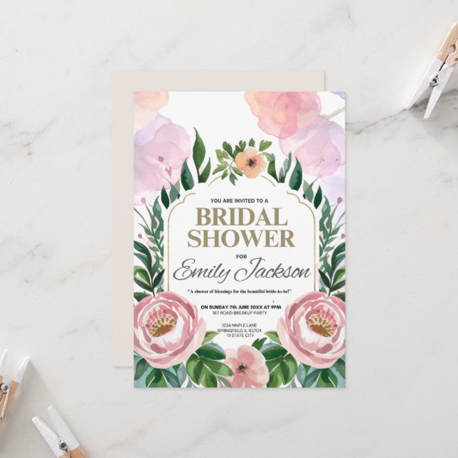 Invitation élégante avec fleurs pour une douche de (Devant/Arrière en situation)