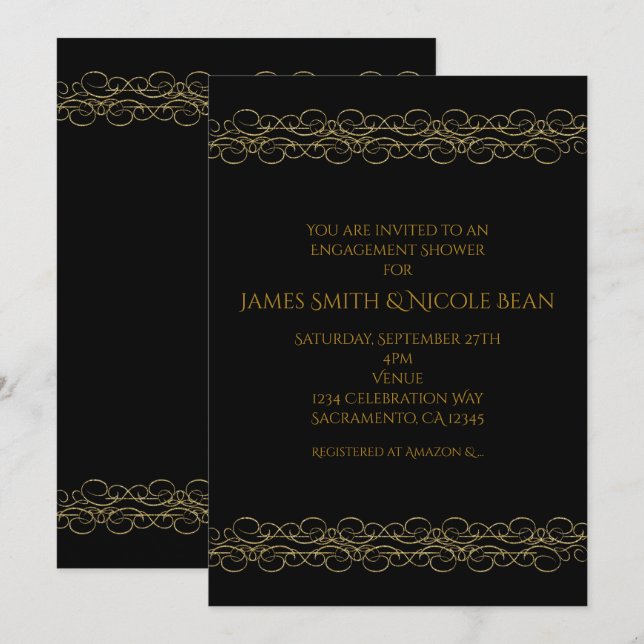 Invitation élégante avec tourbillon moderne noir e (Devant / Derrière)