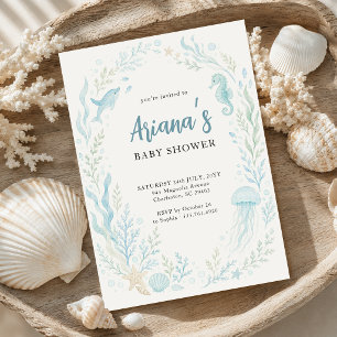 Invitation Élégante Baby Shower Aquarelle Bleue Sous l'Océan