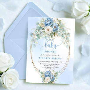 Invitation Élégante Baby Shower Bohème Bleu Floral Végétal Or