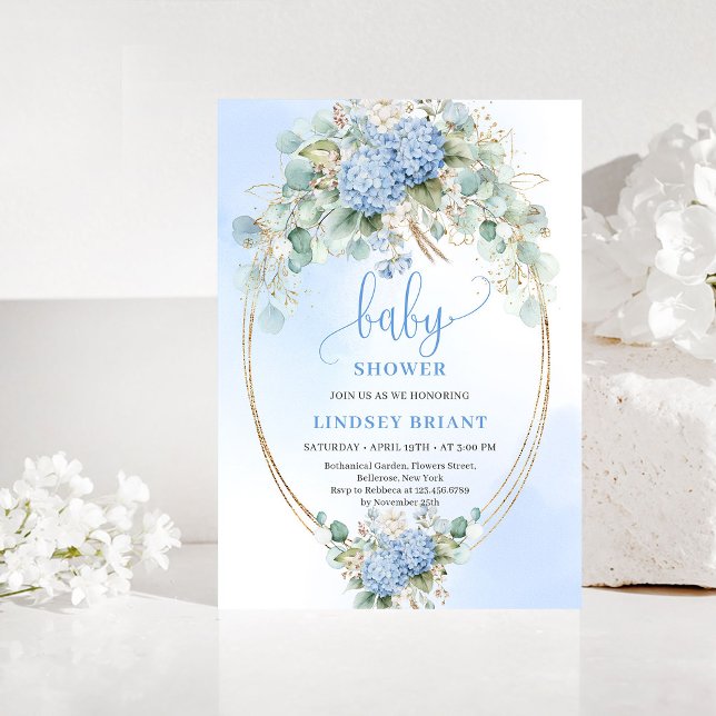 Invitation Élégante Baby Shower Bohème Bleu Hydrangea Or (Elegant Boho Blue Hydrangea Gold Baby Shower Invite)