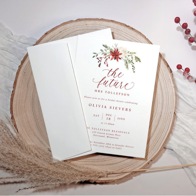 Invitation Élégante Baby Shower Botanique de Noël pour la Mar (Elegant winter bridal shower design with “The Future Mrs” and watercolor greenery and red berries.)