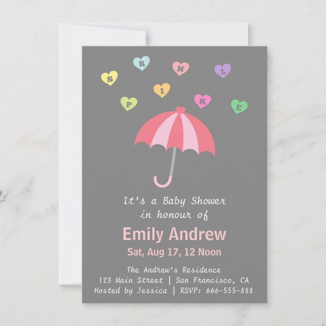 Invitation Elégante Baby shower de fille avec amour et parapl (Devant)