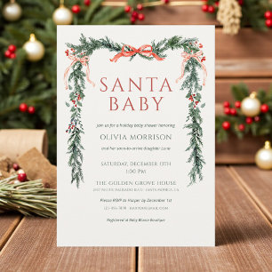 Invitation Élégante Baby Shower de Noël Santa Bébé Arc Rouge