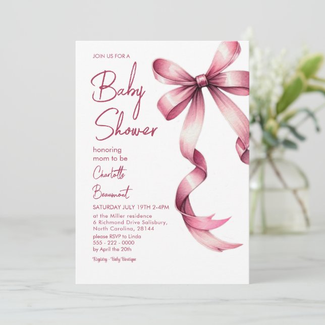 Invitation Élégante Baby shower de ruban rose (Debout devant)