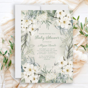 Invitation Élégante Baby Shower Fleurs Blanches Feuilles Vert
