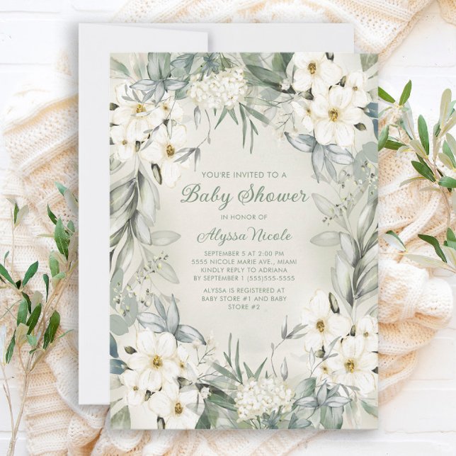 Invitation Élégante Baby Shower Fleurs Blanches Feuilles Vert (Créateur téléchargé)