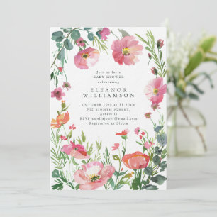 Invitation Élégante Baby Shower Fleurs Roses Aquarelle