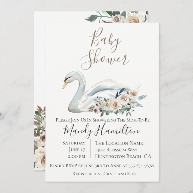 Invitation élégante Baby shower floral de cygne (Devant / Derrière)