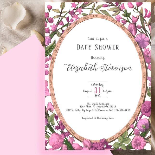 Invitation Élégante Baby Shower Florale Botanique Rose Vert  (Créateur téléchargé)