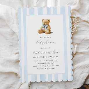 Invitation Élégante Baby Shower Ours en Peluche Rayures Bleue