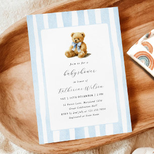 Invitation Élégante Baby Shower Ours en Peluche Rayures Bleue