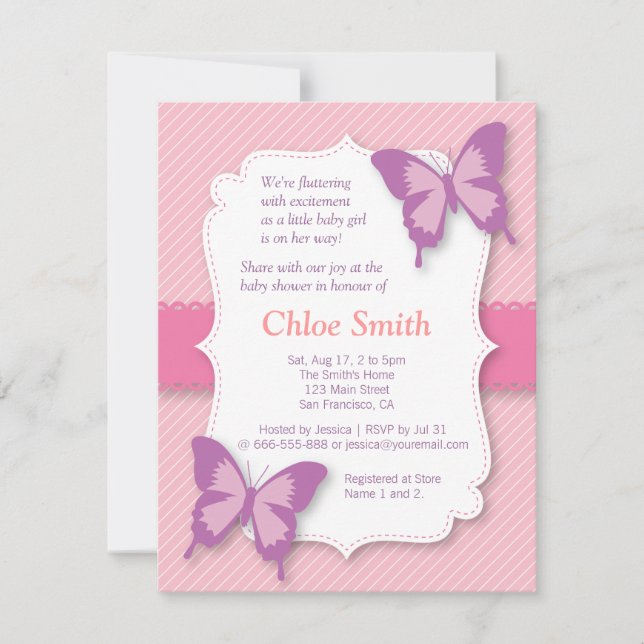 Invitation Élégante baby shower papillon violet (Devant)