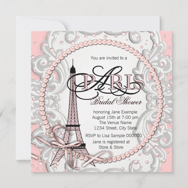 Invitation Élégante Baby Shower Rose à Paris pour une Mariée (Devant)
