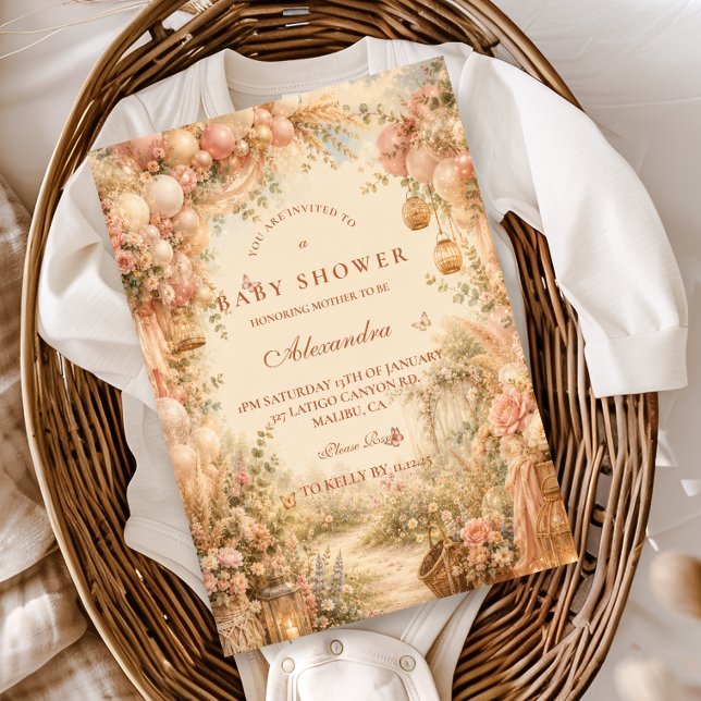 Invitation Élégante Baby Shower Rose Bohème (Créateur téléchargé)