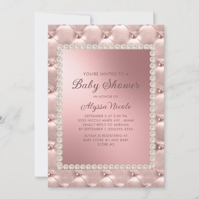 Invitation Élégante Baby Shower Rose Gold Rose Et Perles Blan (Devant)