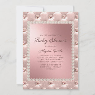 Invitation Élégante Baby Shower Rose Gold Rose Et Perles Blan