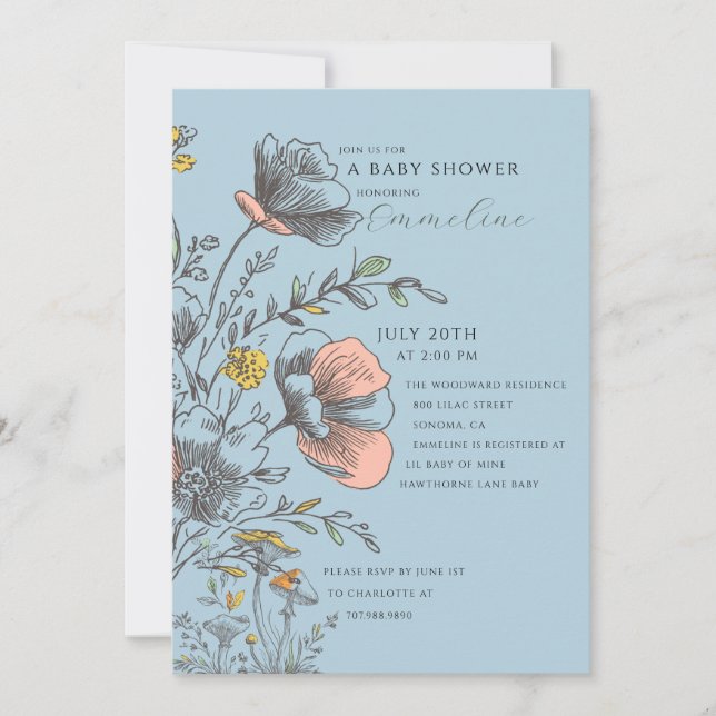 Invitation Élégante Baby Shower Rustique Fleur Bleue  (Devant)