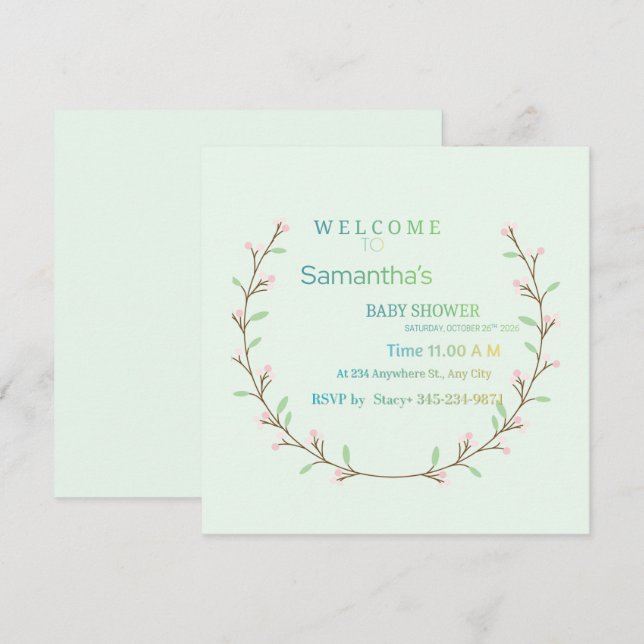Invitation Élégante Baby Shower Vert Menthe Botanique  (Devant / Derrière)