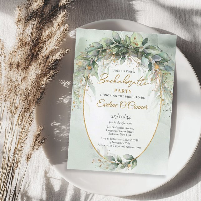 Invitation Élégante bachelorette botanique verte eucalyptus (Elegant botanical green eucalyptus bachelorette invitation)
