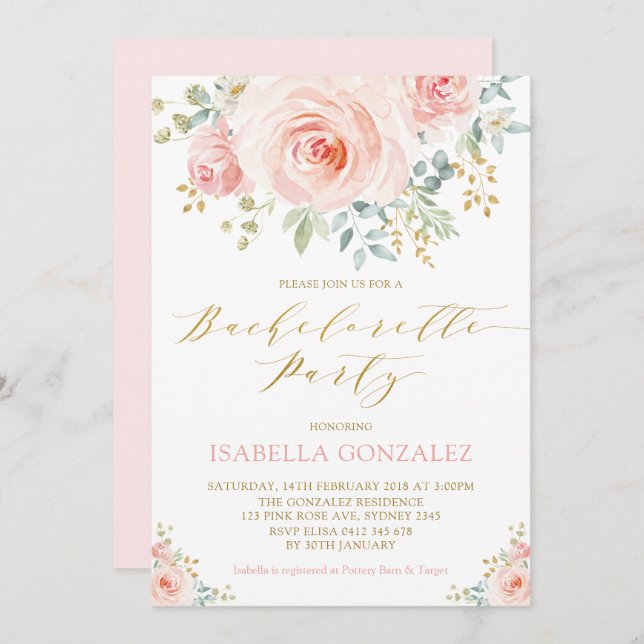 Invitation Élégante Bachelorette florale dorée rose (Devant / Derrière)