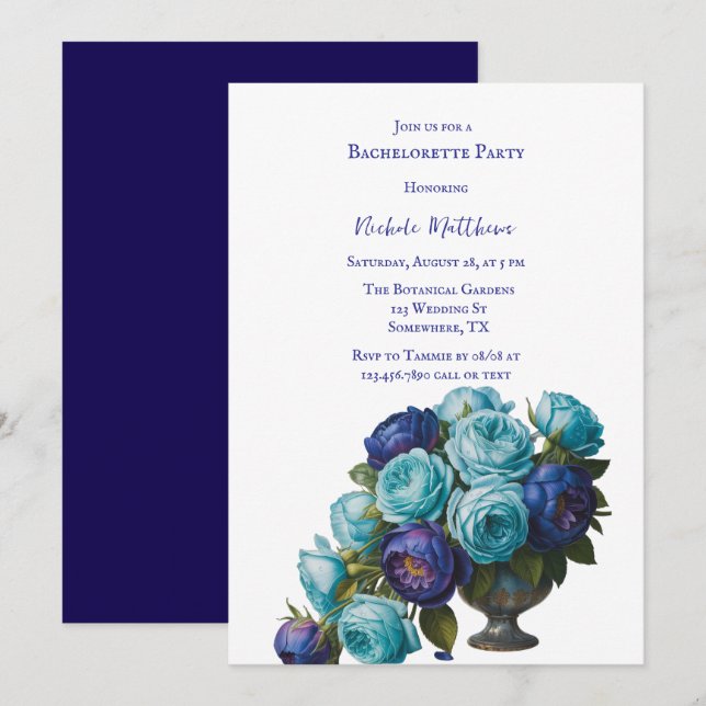 Invitation Élégante Bachelorette Florale Turquoise Bleu (Devant / Derrière)